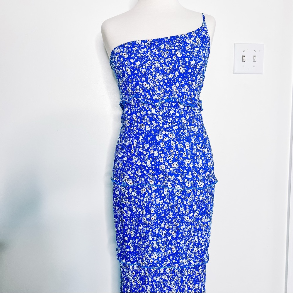 Floral Blue One Shoulder Ruched Midi Dress